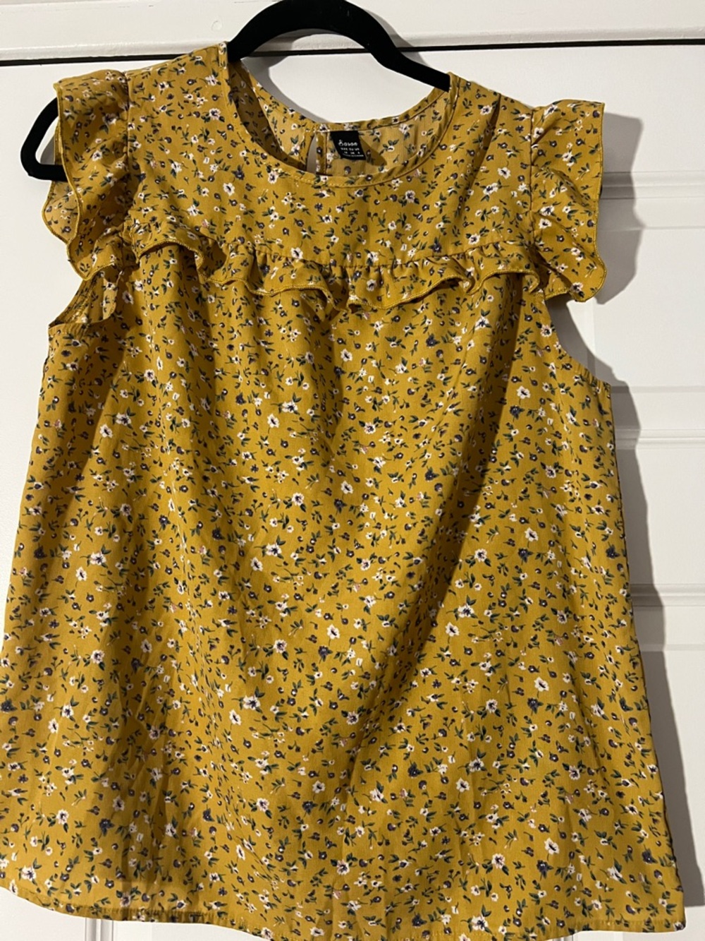 Studio Works Mustard Floral Ruffle Cap-Sleeve Blouse